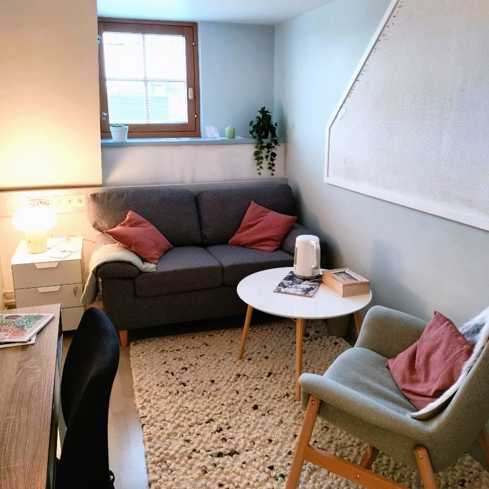 Office with window, a two-seater sofa at the back, coffee table, an armchair and a desk at the front left.