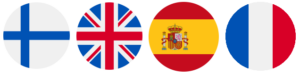 Finnish flag, UK flag, Spanish flag and French flag icons