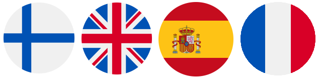 Finnish flag, UK flag, Spanish flag and French flag icons