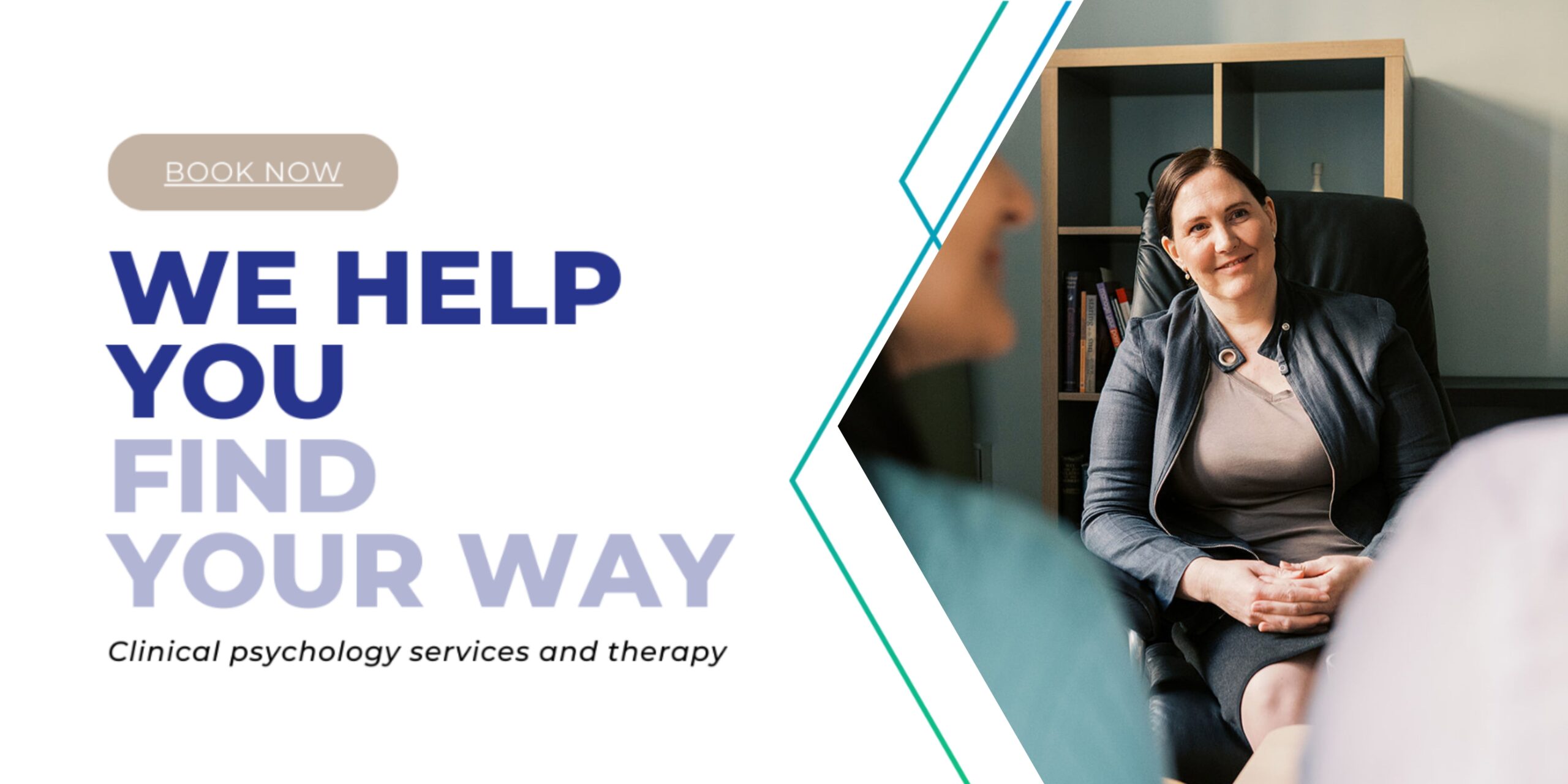 Banner image with the text "We help you find your way" and on the right a photo of a therapist smiling and listening to patients